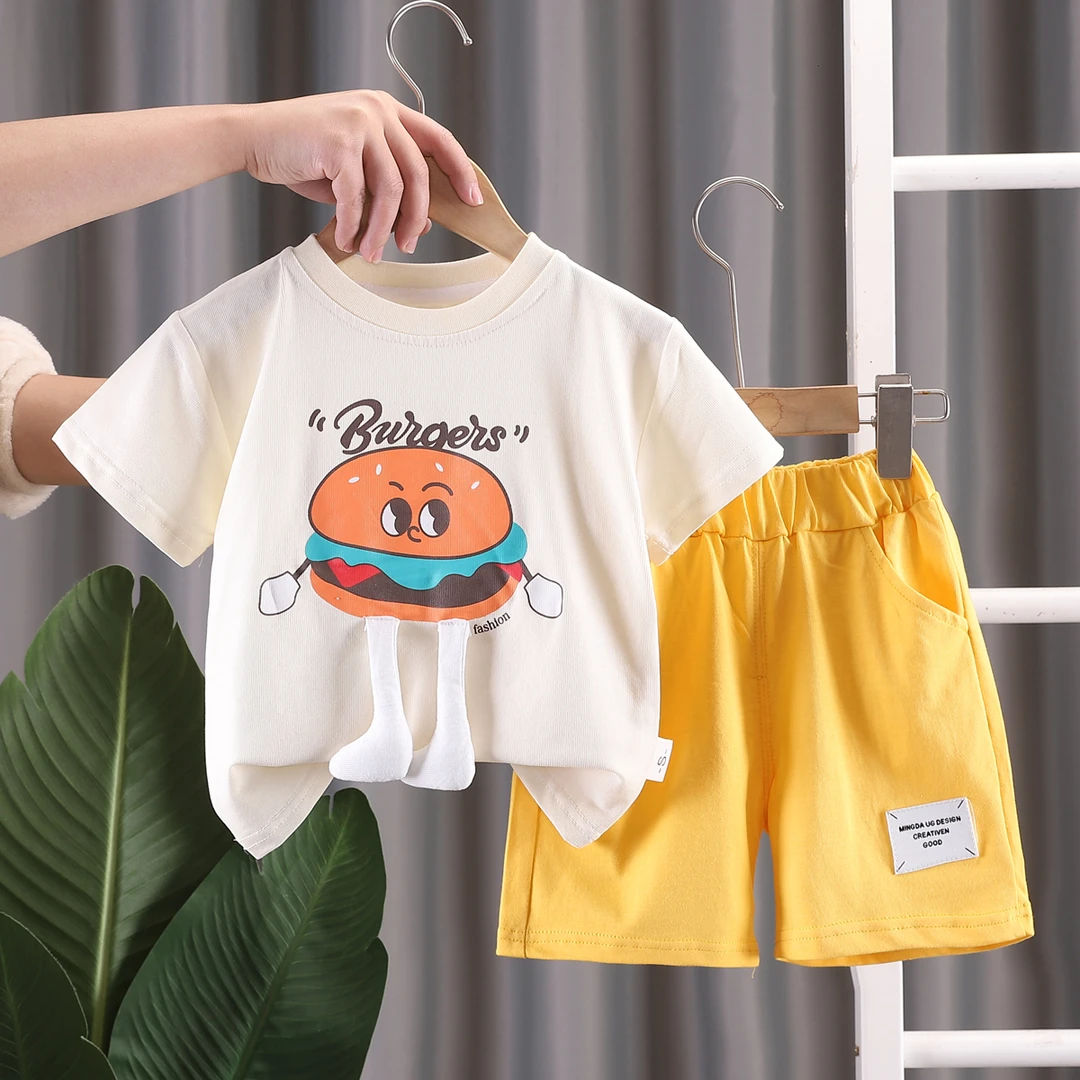 夏季儿童休闲短袖两件套男童女童卡通时尚印花短袖短裤X46
