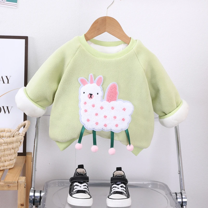女童加绒卫衣2024秋冬新款宝宝加厚套头上衣女宝宝打底衣服潮