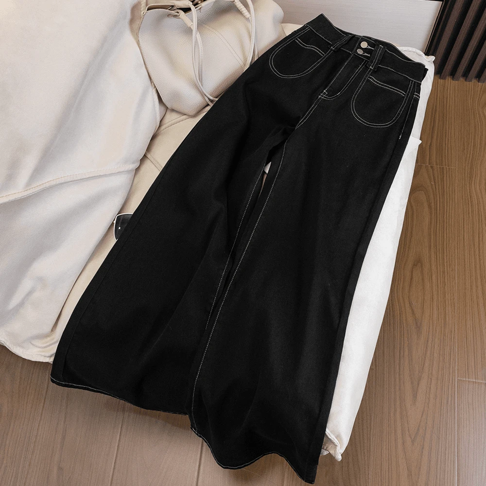不贴腿黑色微喇裤女2024夏季显瘦a版阔腿宽松垂坠感高腰拖地裤