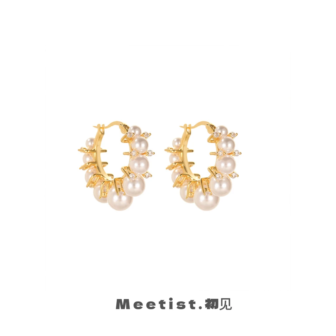 铜合金耳饰 Meetist法式轻奢高级感耳扣镶钻耳圈气质高级感耳环