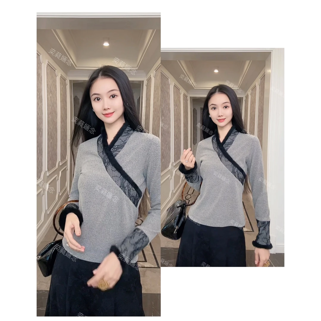 「奕念」《指尖流云》羊毛绒感打底衣~新中式交领蕾丝拼袖国风高定款