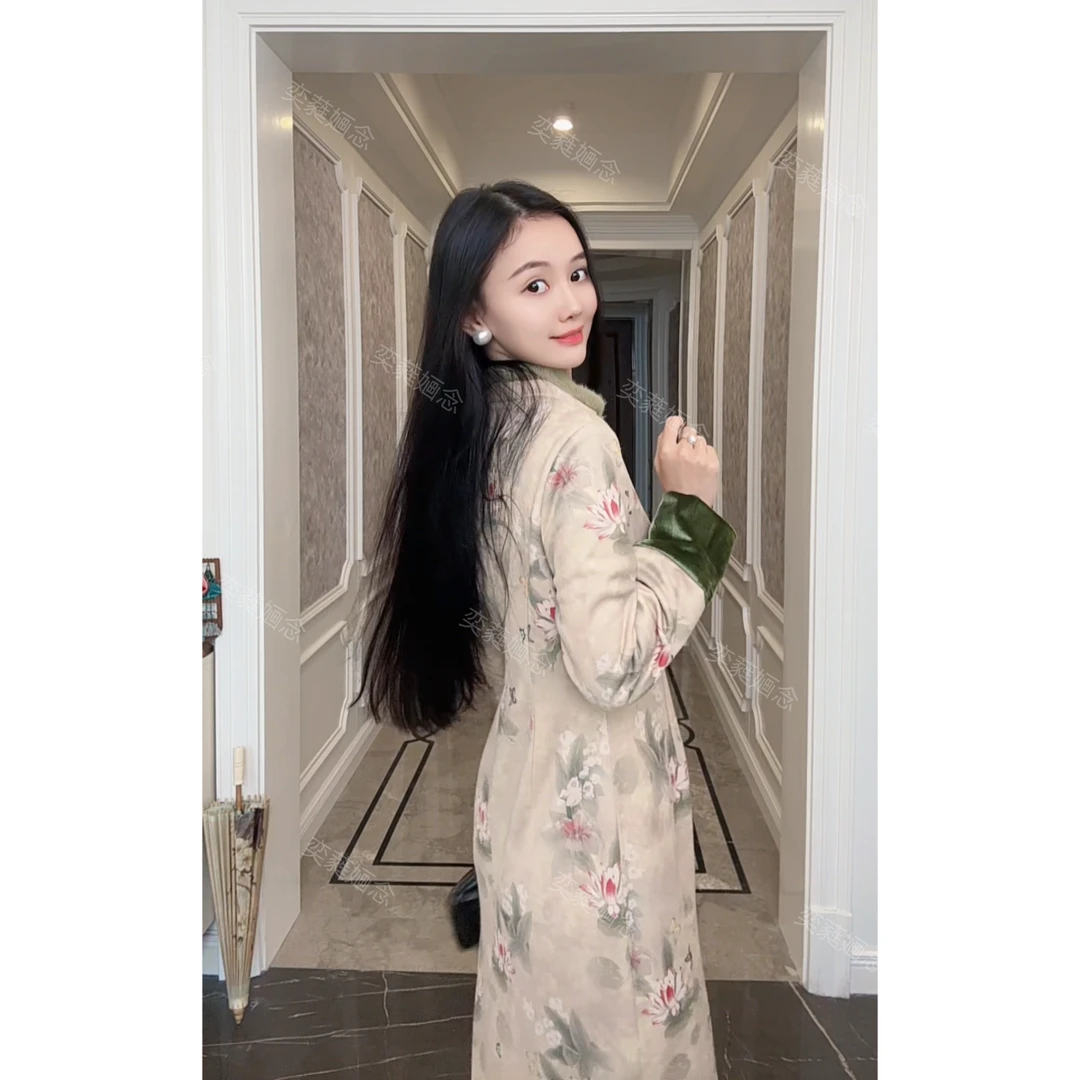 「奕念」《古荷》棉感双层加绒加厚冬季高定款国风旗袍裙