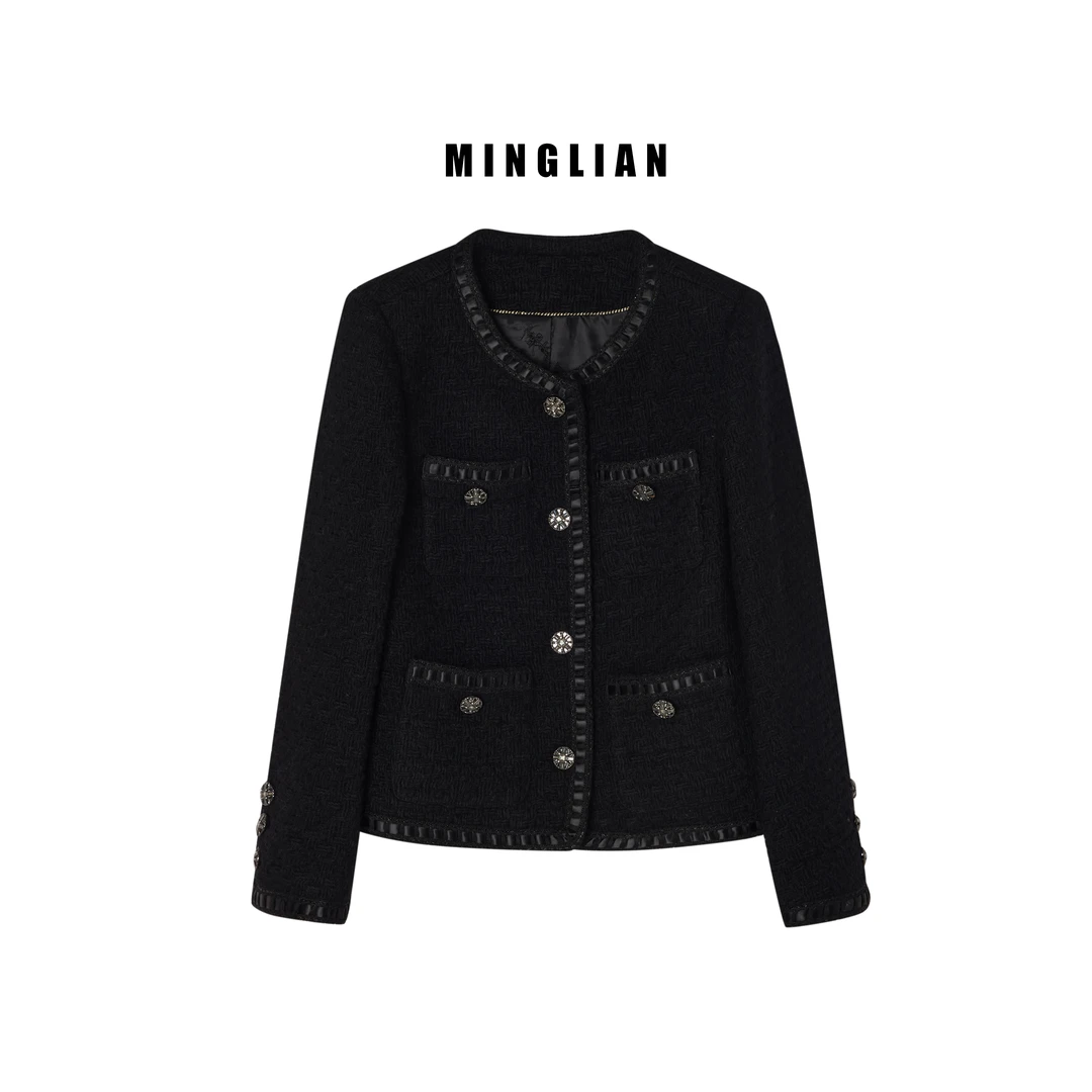 【90白鹅绒】羊毛粗花呢编织轻奢小香风黑色气质短款外套女秋冬1086