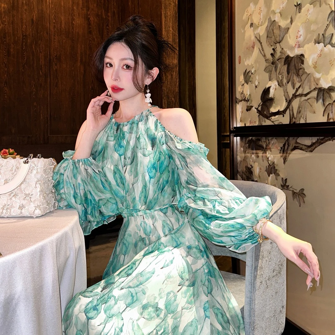 BeQueenStory【郁金花影系列】仙气飘逸衬衫上衣气质挂脖碎花连衣裙