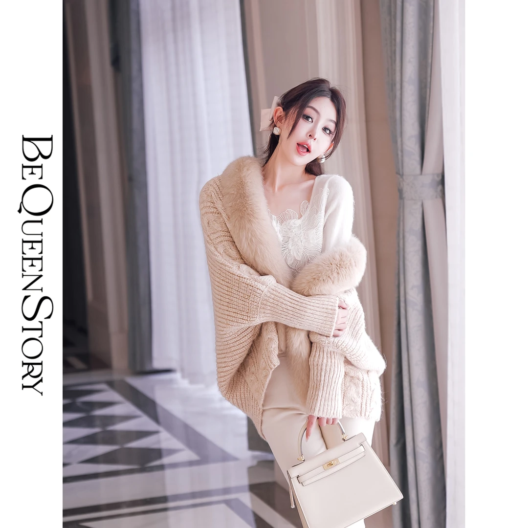 BeQueenStory【浮华若梦】轻奢可拆卸狐狸毛连肩蝙蝠袖毛衫外套