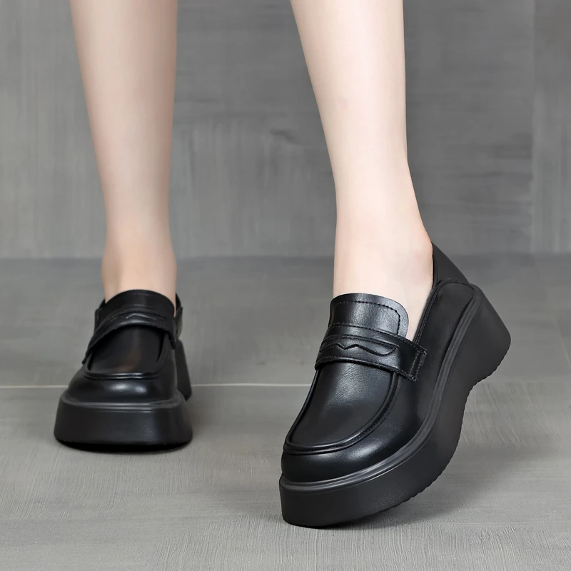 厚底乐福鞋女2025新款秋冬季小个子松糕黑色百搭单鞋英伦风小皮鞋