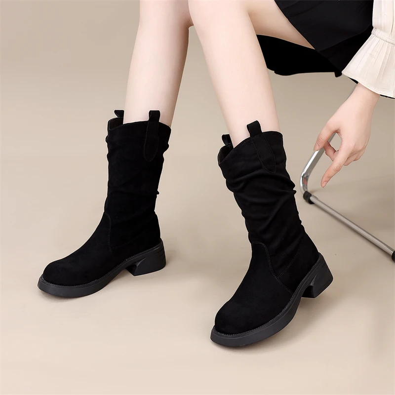 堆堆靴高靴女2025新款加绒中筒靴子平底瘦瘦靴保暖弹力马丁靴中跟
