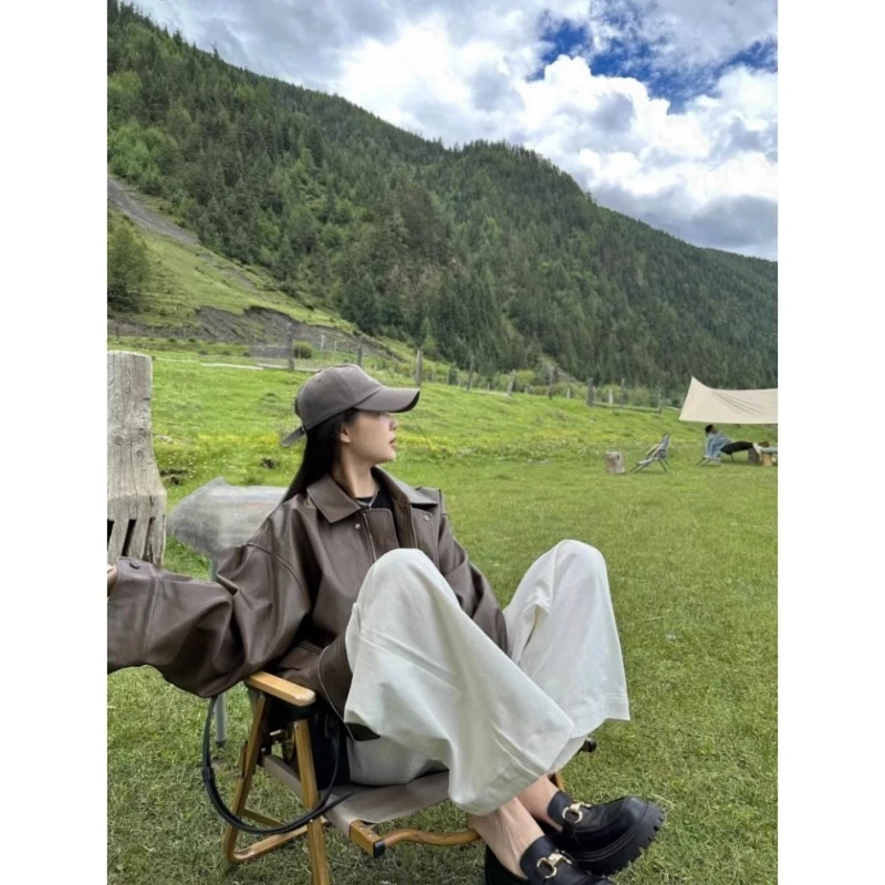 2025秋冬棕色外套小皮衣女秋冬美式复古高级机车宽松皮夹克小个子