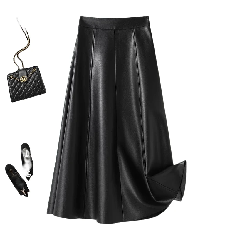 气质黑色设计感显瘦遮胯高腰A字裙伞裙2025秋冬皮裙半身裙中长款
