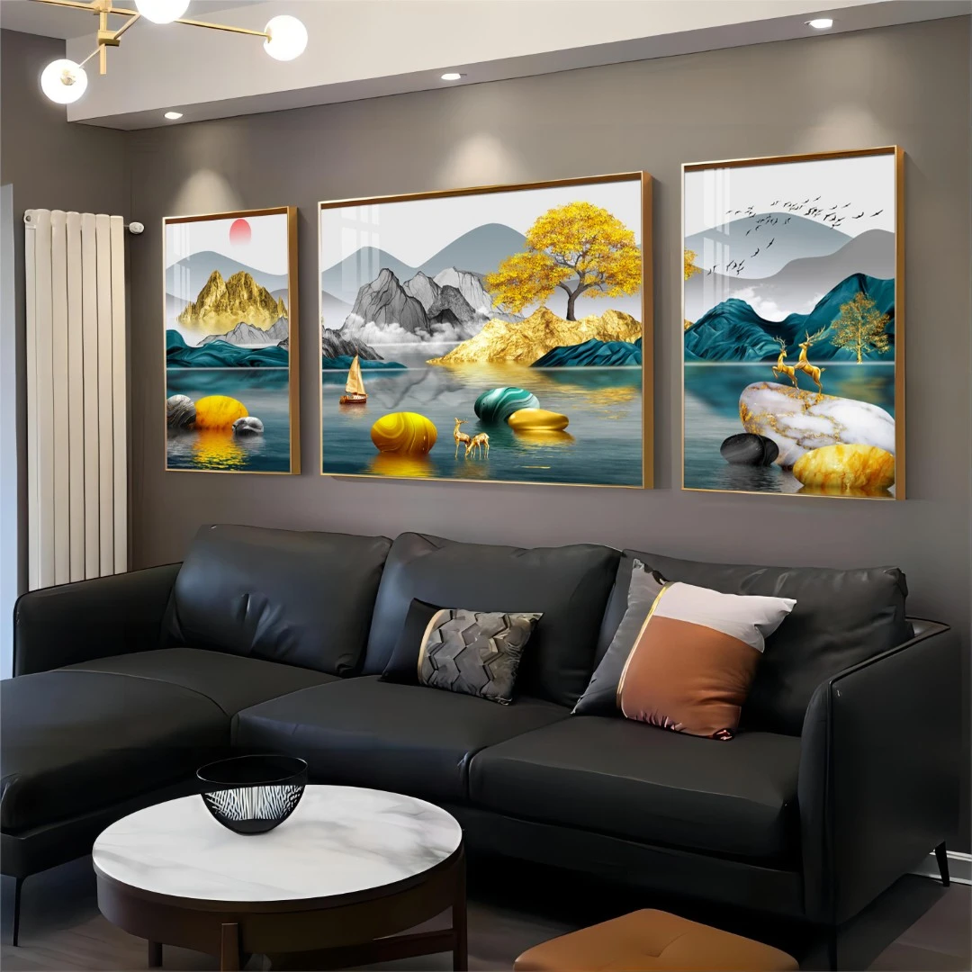 东墙新中式客厅背景墙挂画大白墙三联画沙发背景装饰画高端晶瓷画