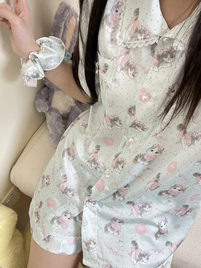 PURES【蕾丝小猫】春夏卡通猫咪宽松简约舒适家居服休闲薄款睡衣