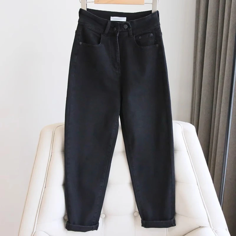 加绒牛仔裤女胖mm显瘦裤子大码胖妹妹梨形身材高腰弹力宽松哈伦裤