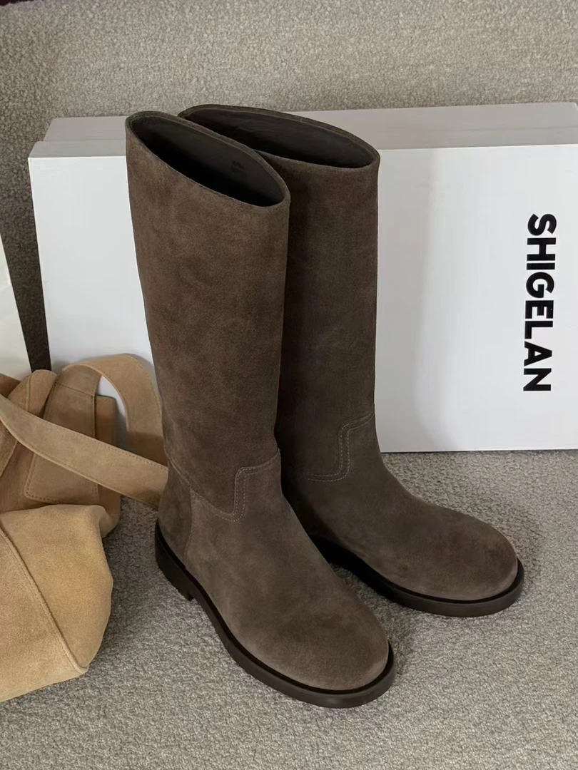 诗歌兰女鞋2024秋冬简约百搭高筒靴时尚休闲宽松套筒骑士靴2015-6