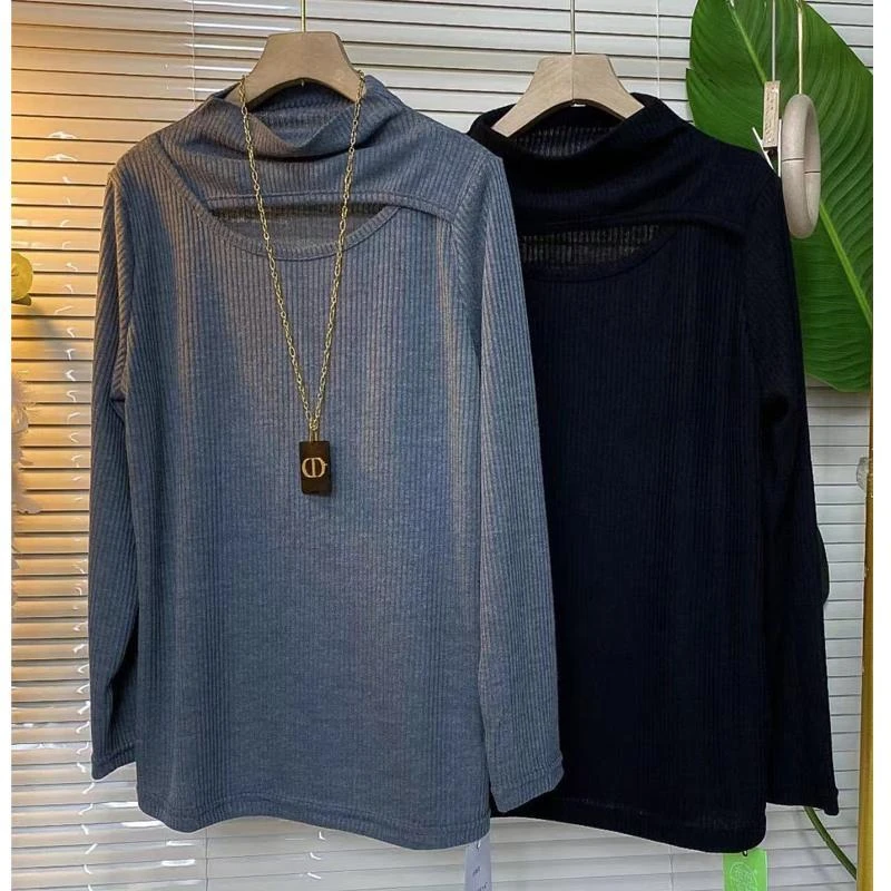 秋冬装300斤特大码时尚半高领镂空宽松中长款遮肉打底长袖上衣女