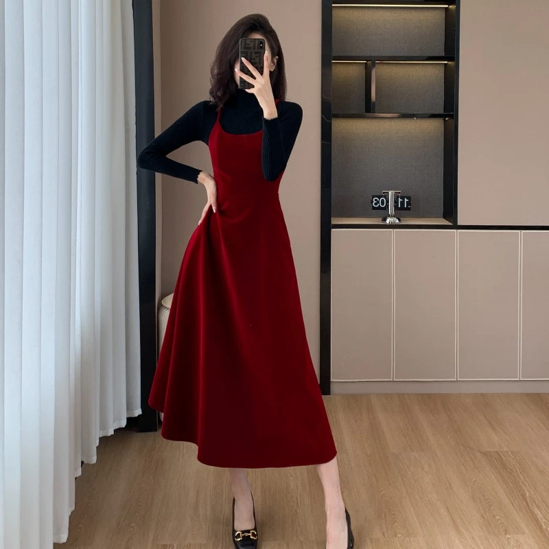 红色吊带连衣裙两件套裙子秋冬法式高级感配大衣内搭套装裙6324