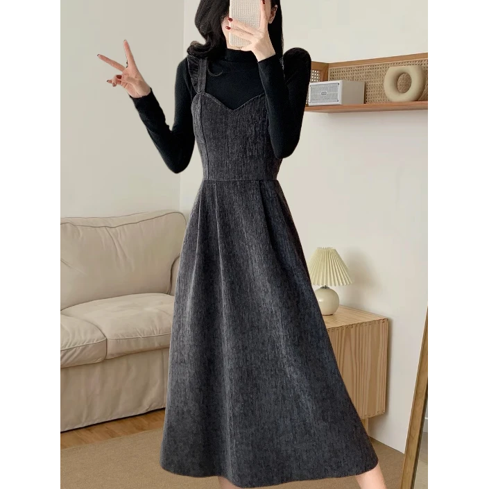 法式飞飞袖针织衫背带连衣裙两件套冬新款一整套韩系穿搭长裙6637