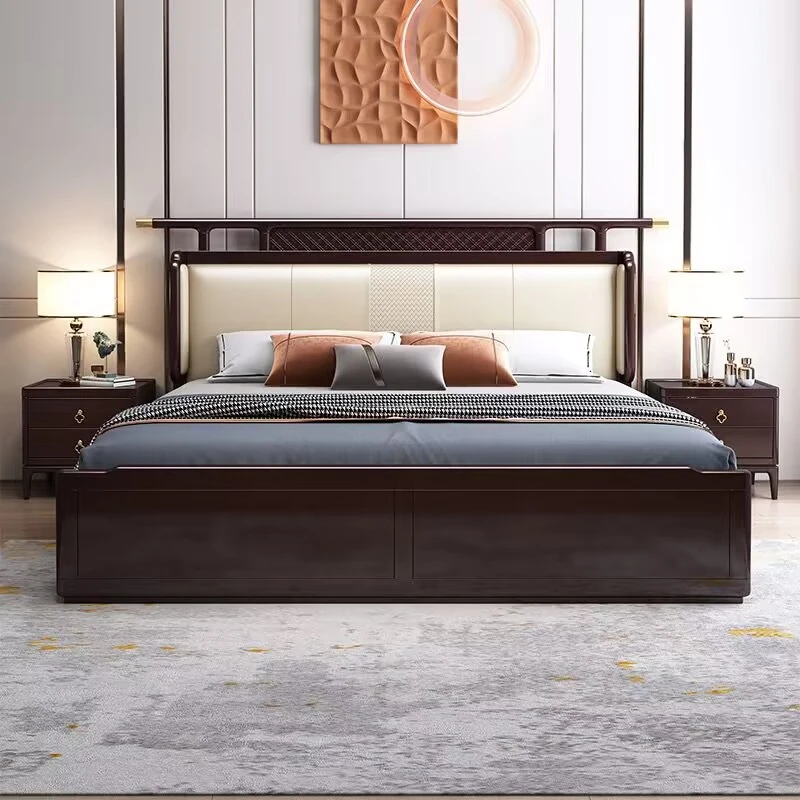 新中式实木床轻奢简约双人床现代小户型单人软靠主卧储物婚床禅意