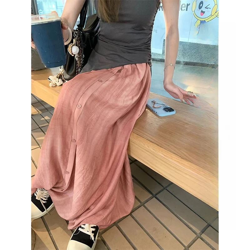 PPLAND 街头皱褶 扎染亚麻a字半裙女肌理感高腰显瘦中长半身裙子