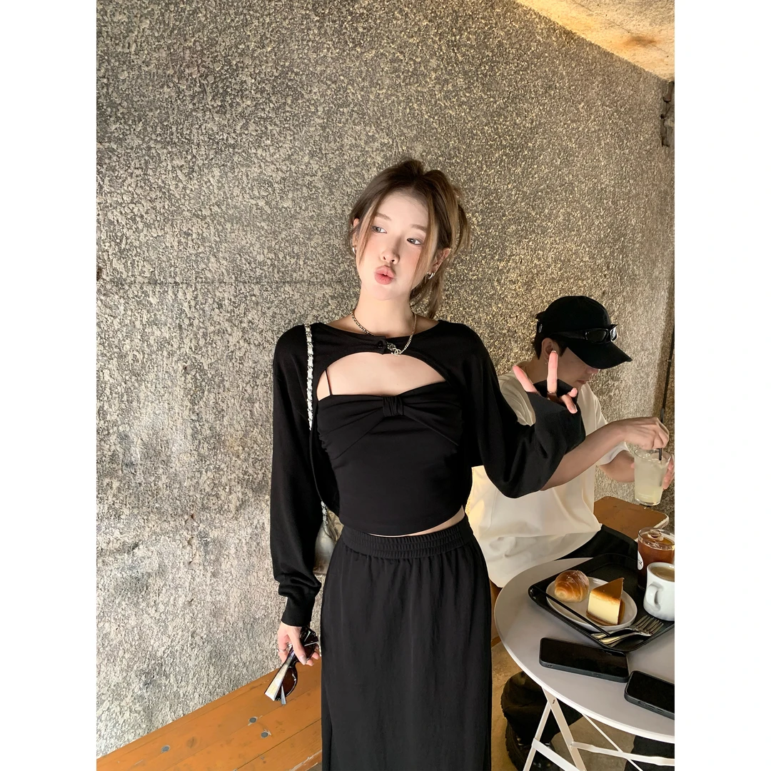 PPLAND 夏日来信 黑色连袖防晒开衫女夏季新款蝴蝶结吊带背心外穿