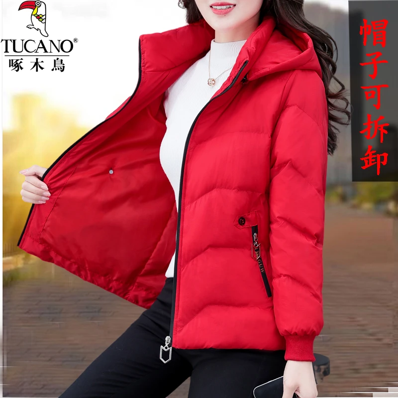 啄木鸟时尚洋气本命年红色加厚保暖棉袄2023冬季新款女士潮流棉服