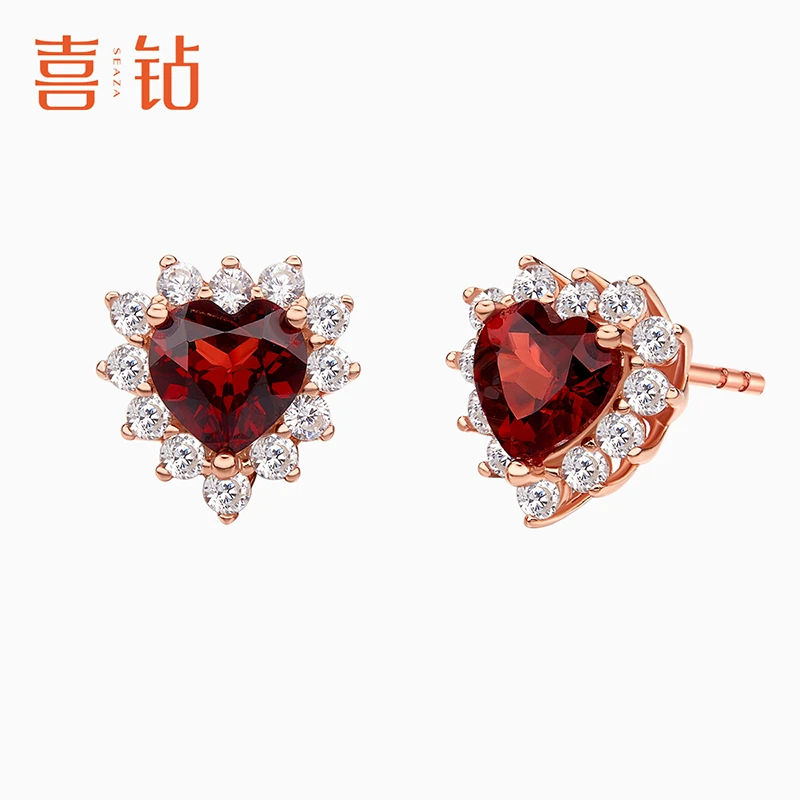 喜钻官方旗舰店 爱心石榴石耳饰百搭经典S925银送礼耳钉 E11513R