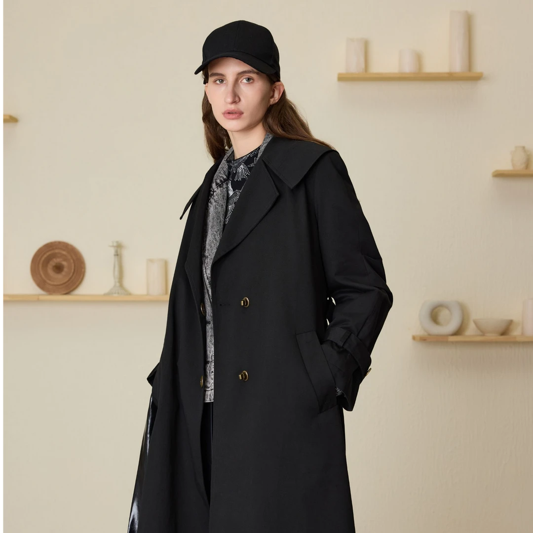 MSLAN【商场同款】新款长袖大翻领显瘦中长款气质风衣外套 MECM2401