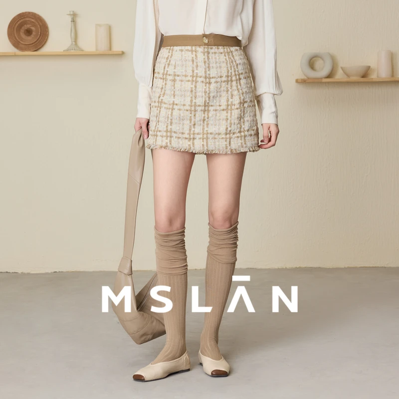 MSLAN浅色法式小香风短裙气质粗花呢高腰显瘦A字半身裙  MEAA8103