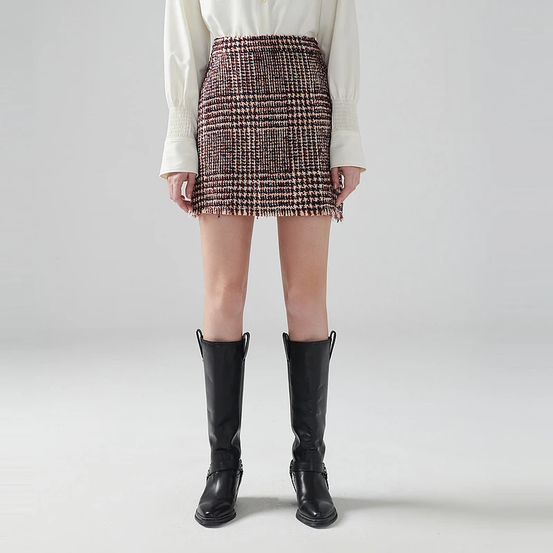 MSLAN商场同款冬季英式复古千金粗花呢开衩时尚显瘦短裙 MEDE8103