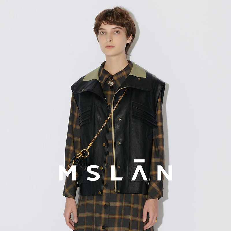 MSLAN【商场同款】新款时尚皮质两穿机车女秋马甲MECA2105