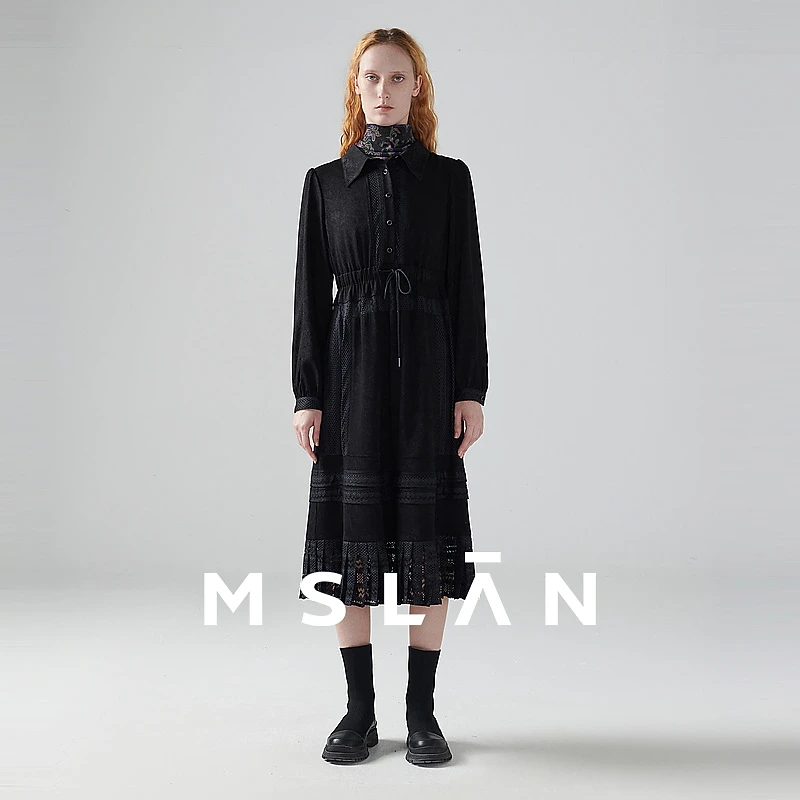 MSLAN【商场同款】冬季新款蕾丝拼接收腰连衣裙裙子MEDE4118