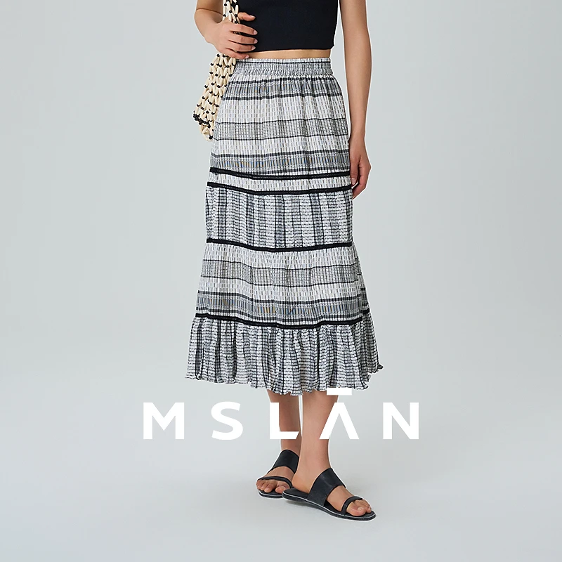 MSLAN松紧腰轻盈半裙A字拼接设计感撞色飘逸连垂顺连衣裙MECV8202