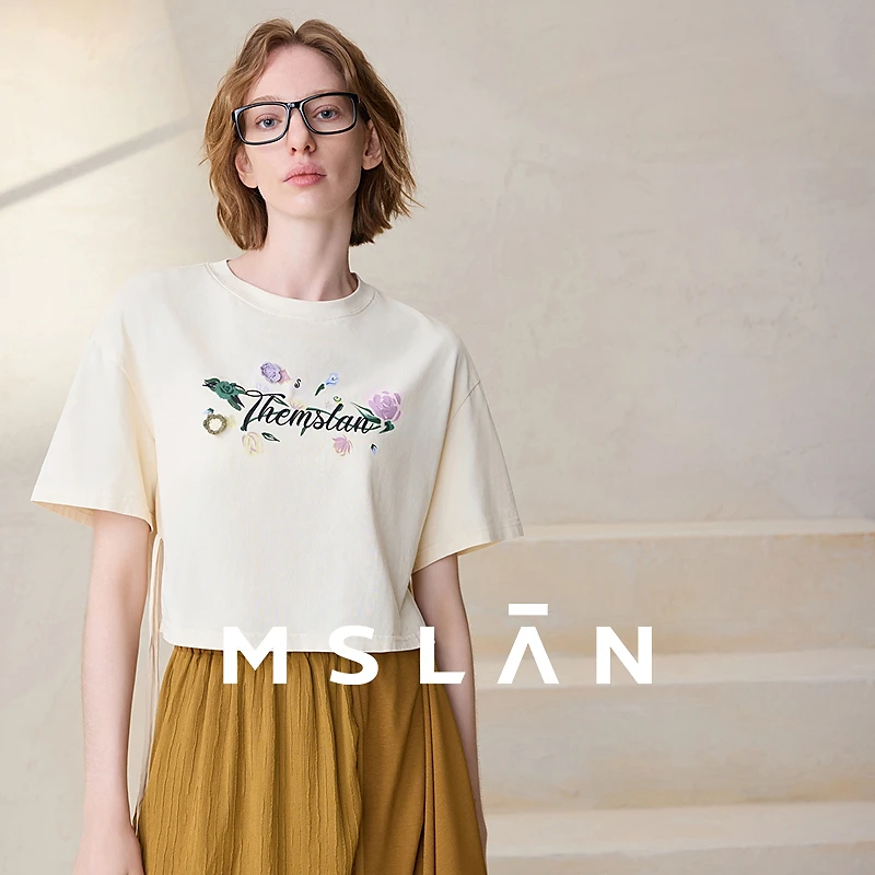 MSLAN商场同款夏季款短款双侧开衩绑带时尚百搭短袖T恤女MFBE1110