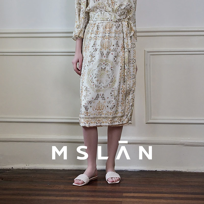 MSLAN【商场同款】新款时尚显瘦半身裙蝴蝶印花相拼中裙女 MFCM8203