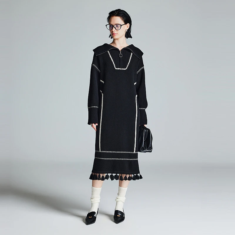 MSLAN【商场同款】冬新款绵羊毛撞色线迹流苏连衣裙MFDT049