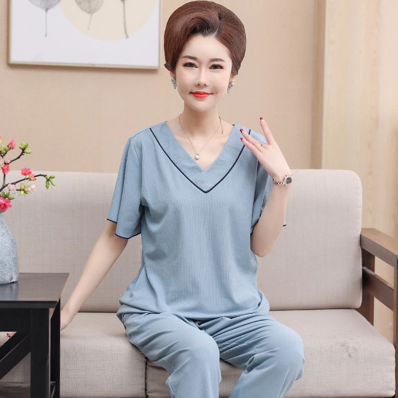 中年妈妈睡衣女夏季莫代尔短袖长裤宽松加大码冰丝家居服妇女套装