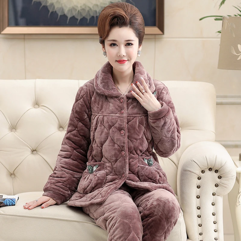 冬季女款加绒加厚珊瑚绒夹棉妇女睡衣加肥大码中年妈妈开衫家居服
