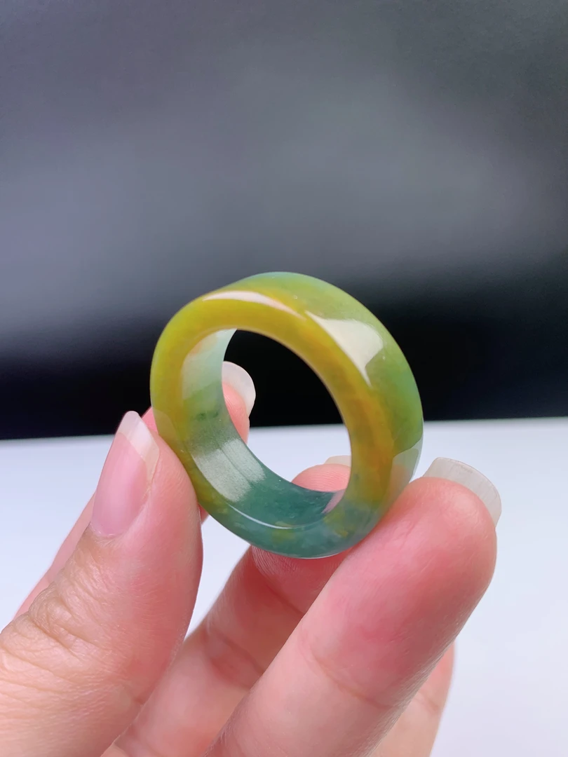 29圈口天然A货翡翠，冰蓝糖黄戒指扳指内径22.6/9.3/4.1mm，1069