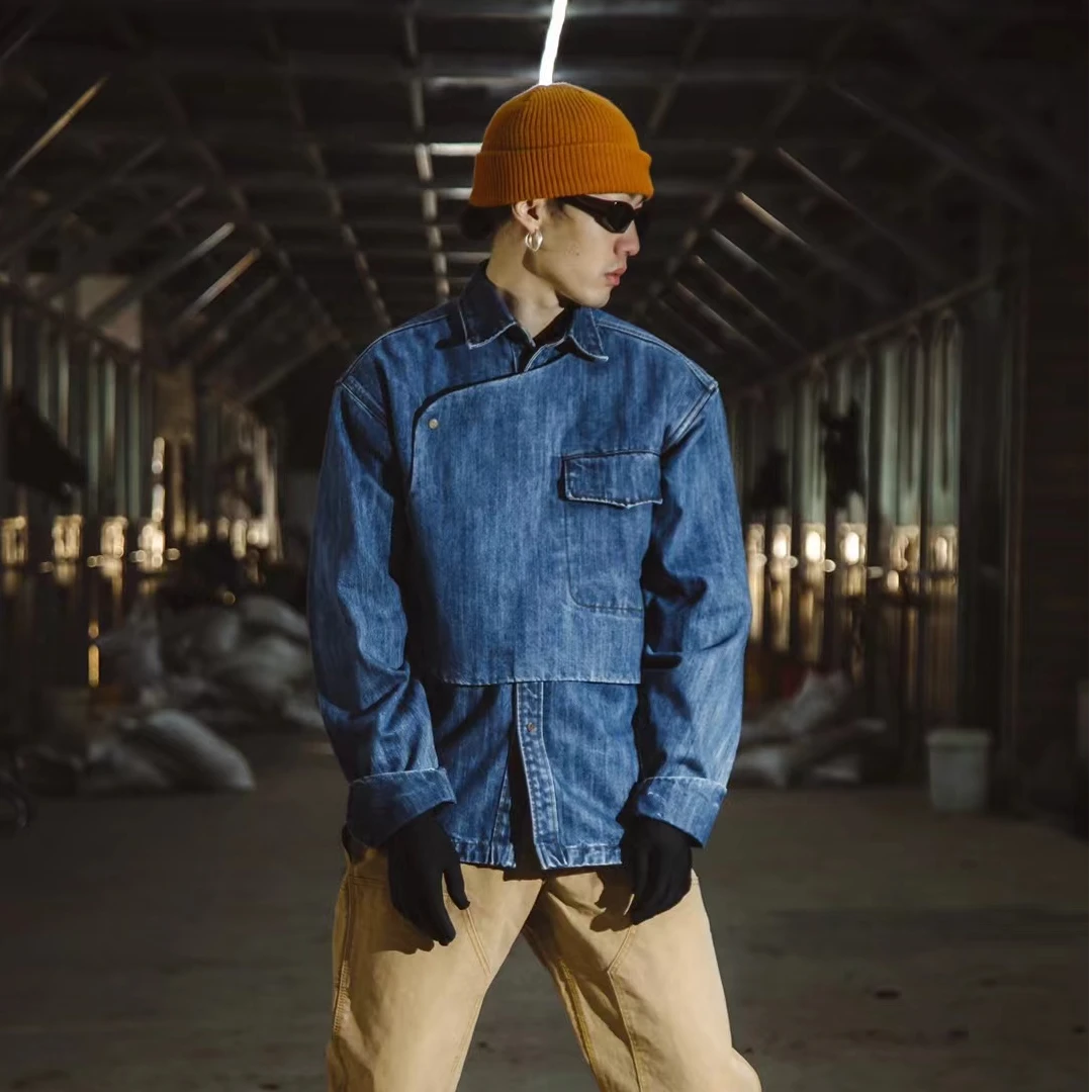 现货“无人区”牛仔衬衫男士长袖户外休闲复古宽松水洗大码衬衣