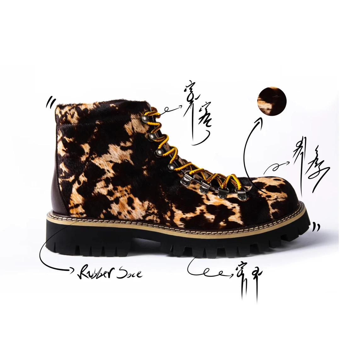 MCN“蒙古马”马皮马毛一体男女同款厚底系带春秋工装靴圆头高帮