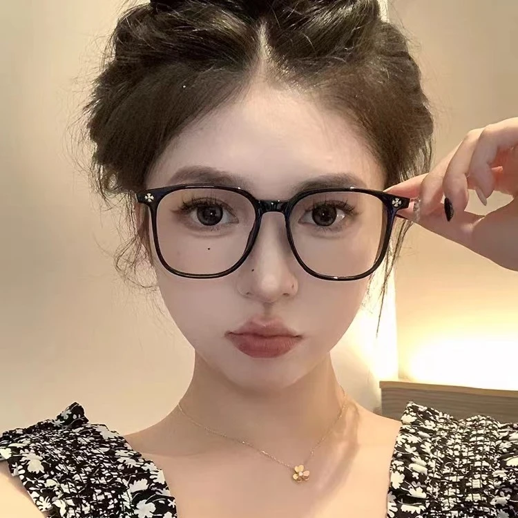 复古TR90方形防蓝光百搭黑框眼镜网红素颜配近视圆脸显瘦平光镜65