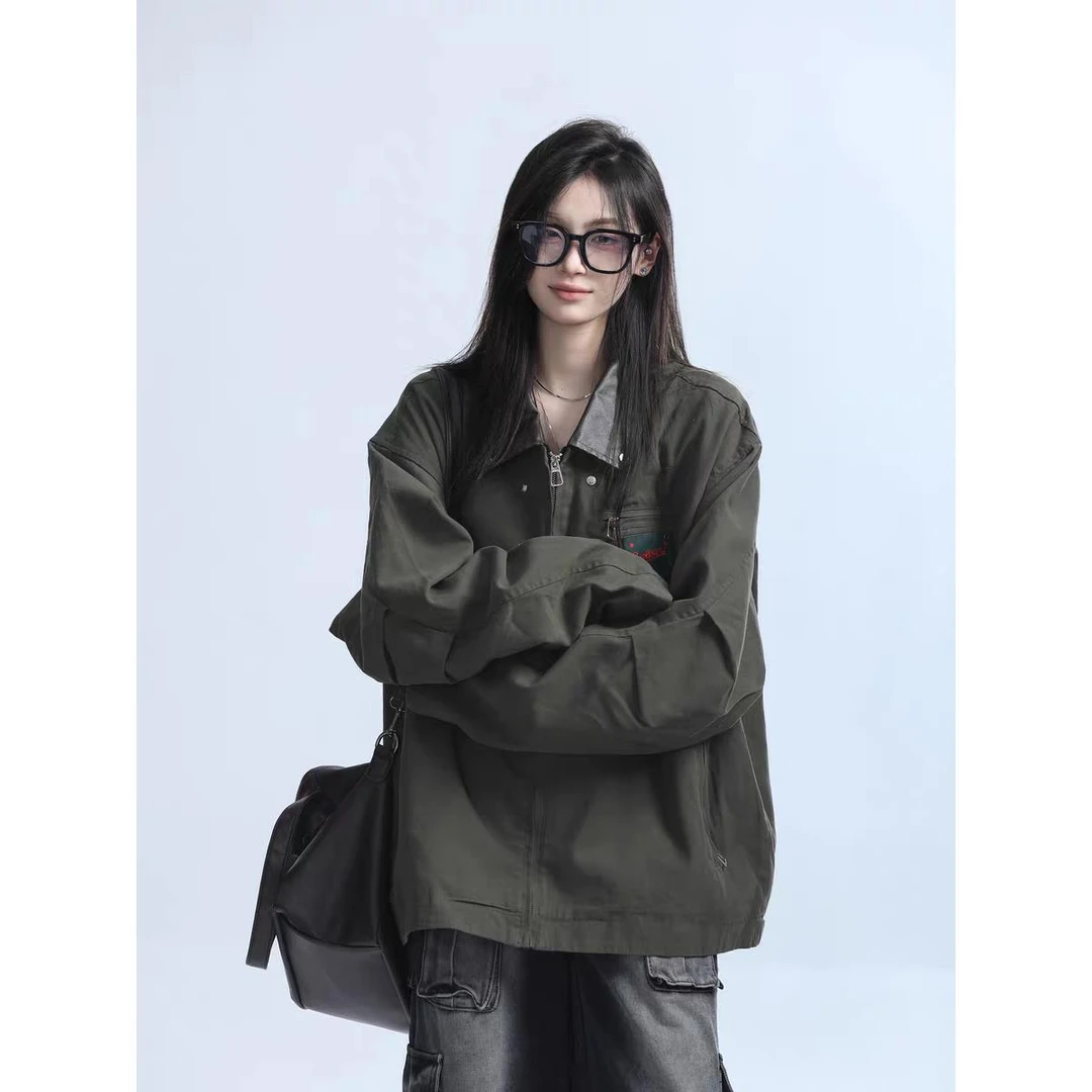 美式复古oldschool刺绣工装夹克情侣款宽松休闲百搭飞行员外套潮