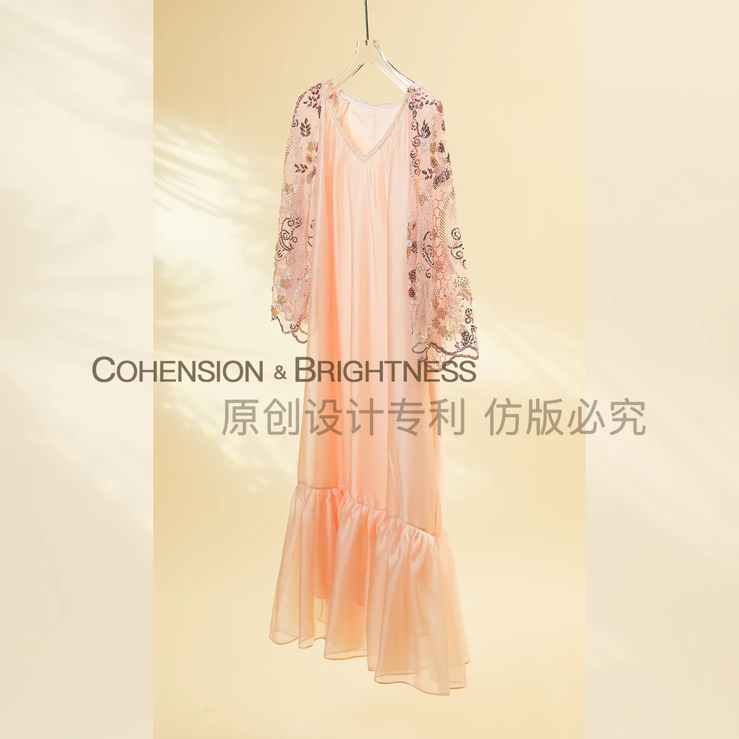 凝慧真的好【柔情绽放】重工亮片V领蕾丝大摆袖连衣裙 LN219/LN205