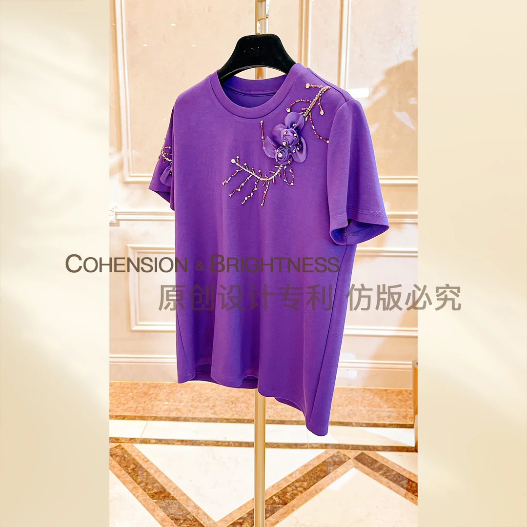 凝慧真的好【花亦盛开】夏季新款百搭立体花朵钉钻短袖上衣T恤CP082