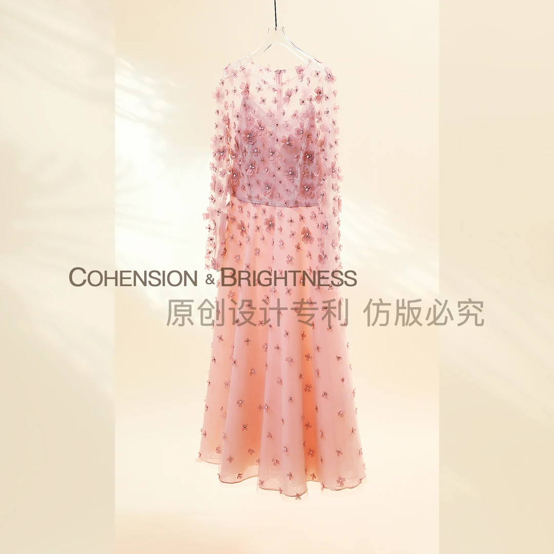 凝慧真的好【小樱桃】法式钉珠长袖网纱连衣裙礼服裙LL069