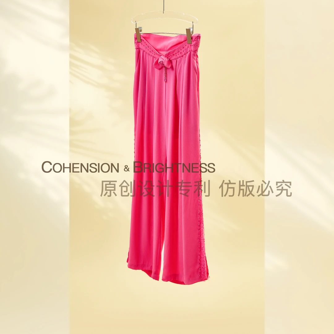 凝慧真的好 春夏高腰立体花朵钉珠蕾丝拼接宽松垂感休闲裤 KN002