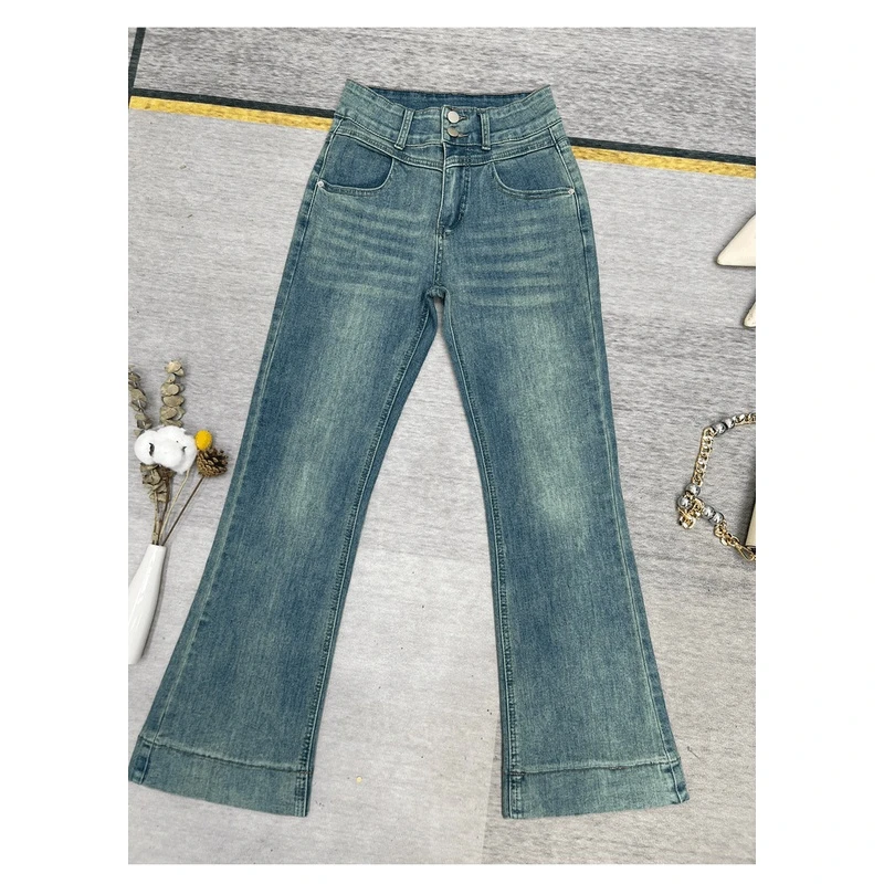 翡翠绿微喇牛仔裤女春季高腰复古怀旧修身翻边小个子九分马蹄裤子