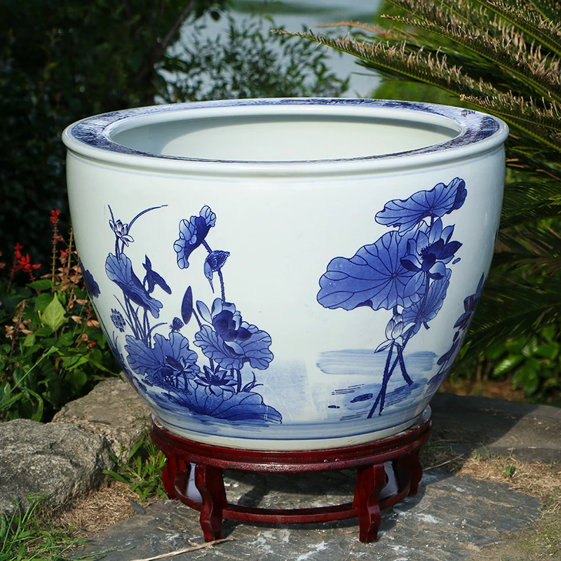 陶瓷鱼缸青花庭院家用阳台客厅养乌龟睡莲荷花盆室外种树特大水缸