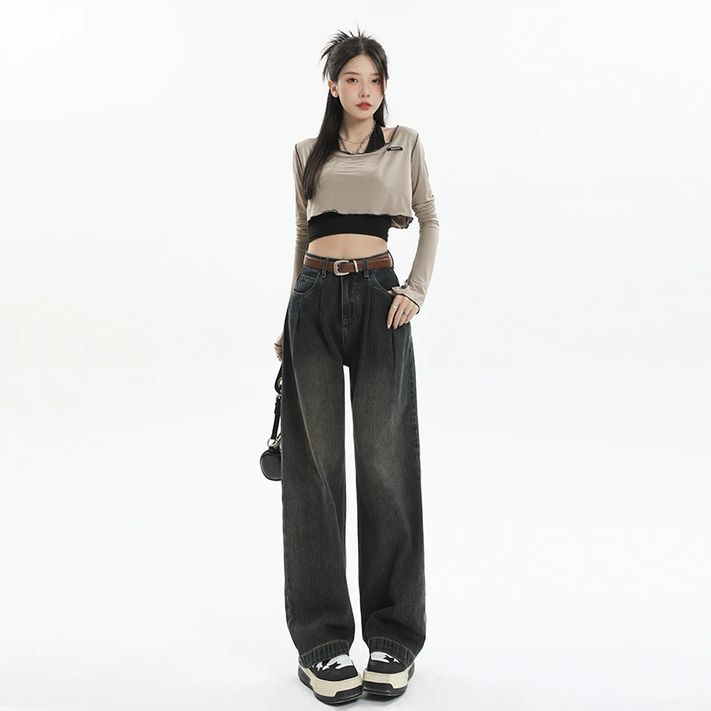 2023新款秋季复古时尚高腰显瘦直筒宽松牛仔长裤九分加长女9745