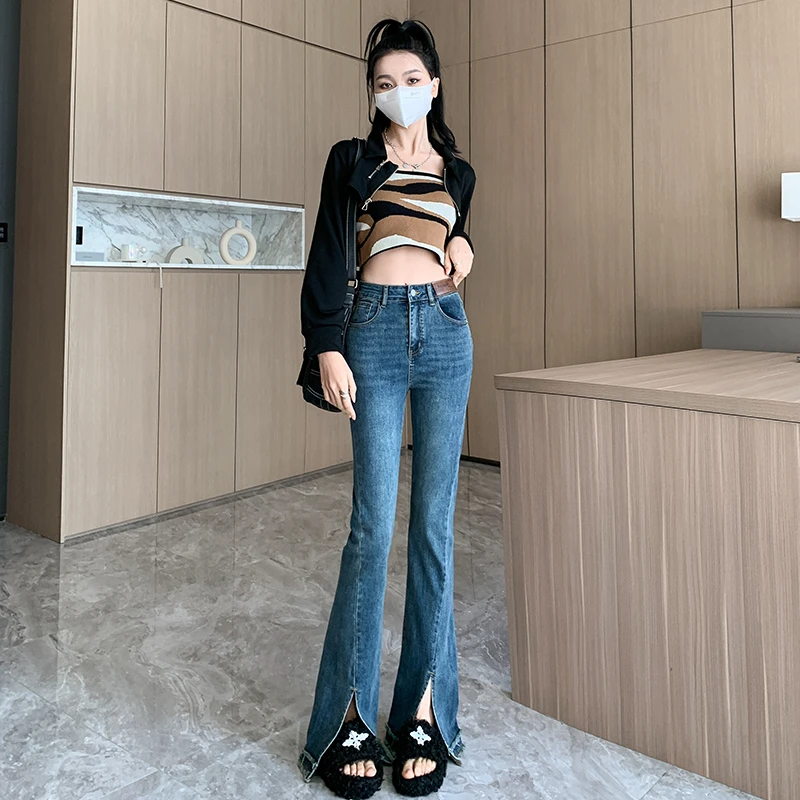 2023新款秋季高腰微喇叭脚口散边开衩修身微弹百搭牛仔长裤女1218