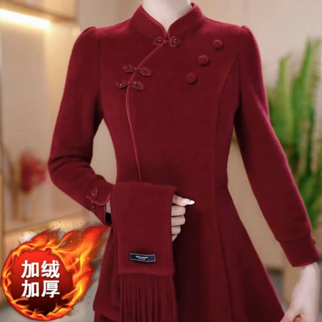 加绒冬季加厚改良版旗袍连衣裙改良2024秋冬新款婚宴礼服裙子